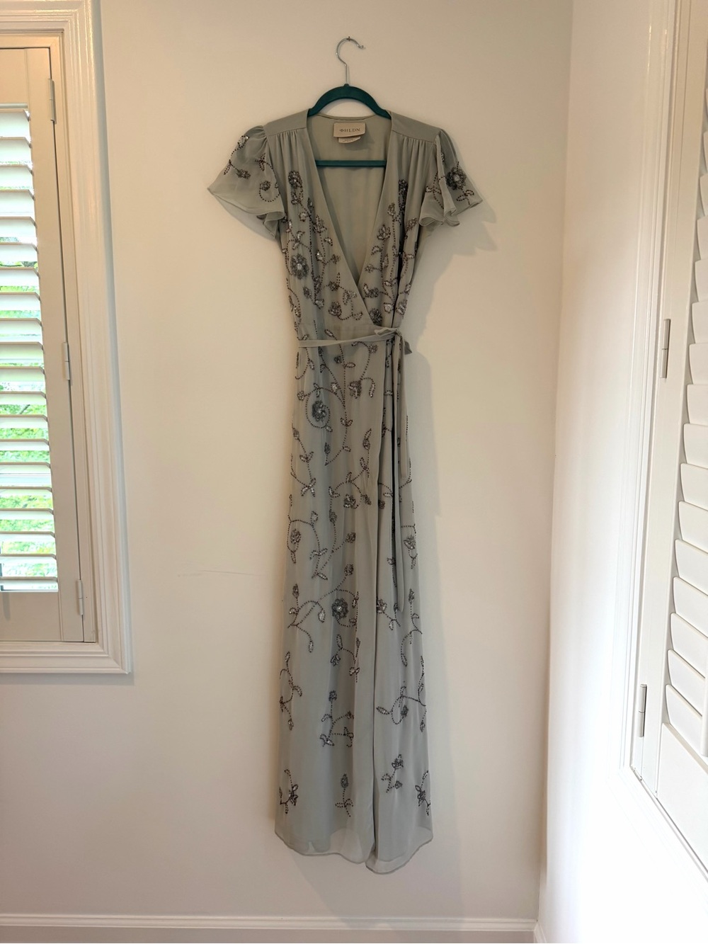 BHLDN Plymouth Beaded wrap dress in fog, Light Gray Embroidered Wrap Maxi Dress